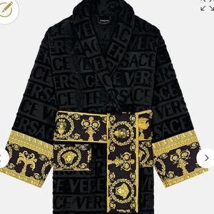Versace Black & Gold Logo-Patterned Velvet Robe with Barocco Trim